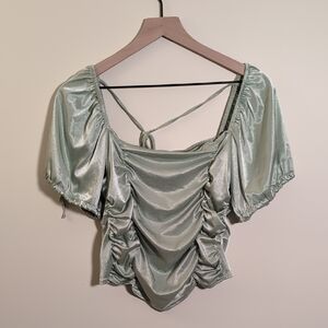 Sage Green Shimmery Ruched Milkmaid Top ASOS Design Size 12